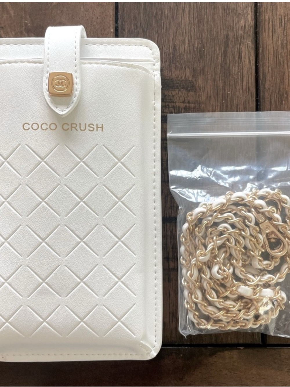 White Quilted Phone Crossbody with Gold Chain - Picture 5 of 8